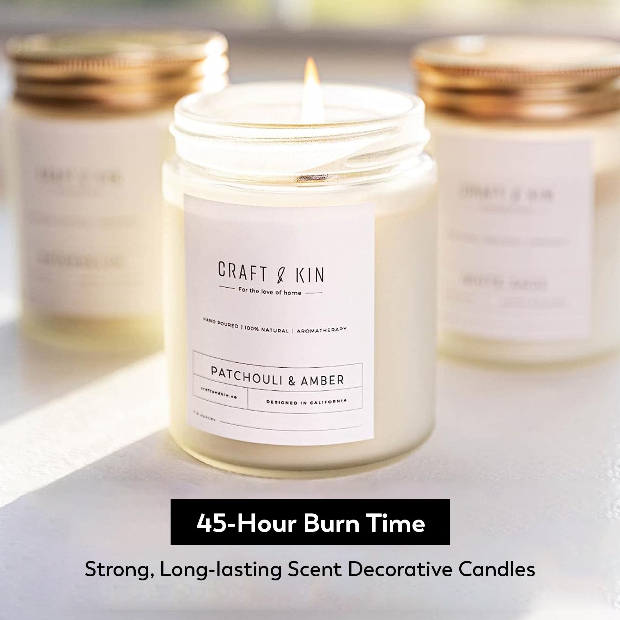 Patchouli & Amber Scented Candles 8 oz 45 Hour Long Lasting Winter Candle | Wooden Wick Candles | Christmas Scented Candles for